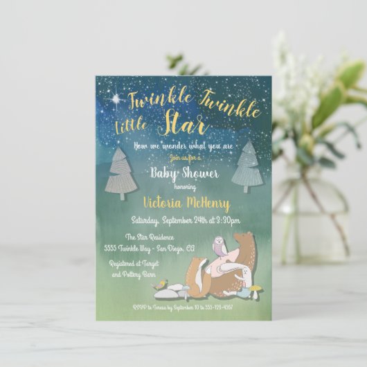 キラキラの小さな星の水色の動物の赤ちゃんシャワー 招待状 (スタンド正面)