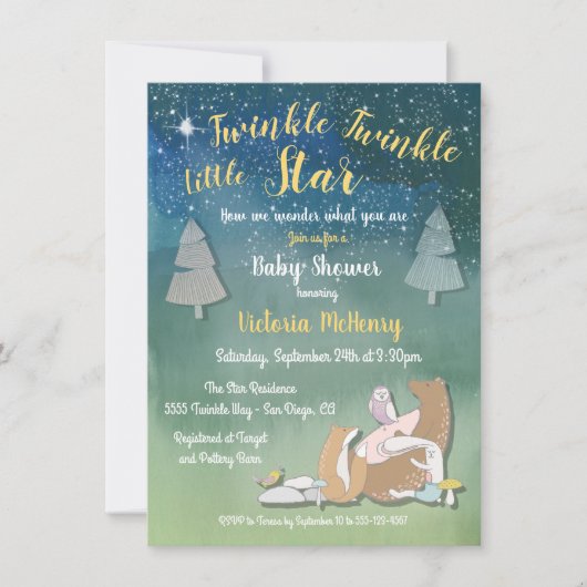 キラキラの小さな星の水色の動物の赤ちゃんシャワー 招待状 (正面)