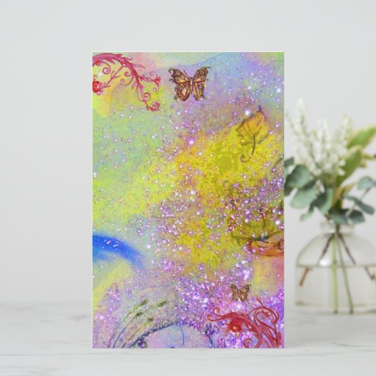 キラキラの蝶2、紫の青の赤い黄色 便箋 (スタンド正面)