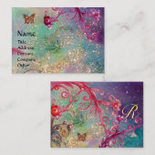 キラキラの蝶、ティール(緑がかった色)ピンク渦巻きモノグラム 名刺 (正面/裏面)
