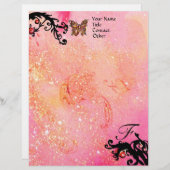 キラキラの蝶、ピンクの黒い渦巻きモノグラム レターヘッド (正面/裏面)