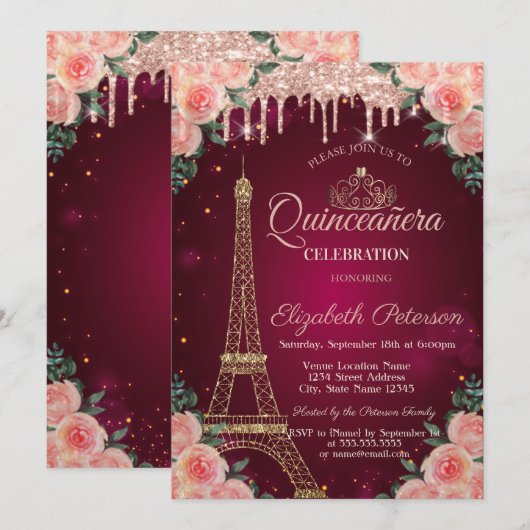 キラキラエッフェル塔の滴フラワードレス quinceañera 招待状 (正面/裏面)