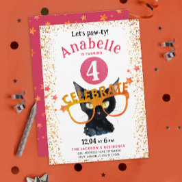 キラキラガーリース色ピンクのオレンジ色の猫パティー水彩 招待状