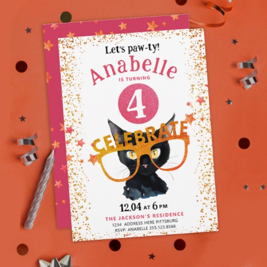 キラキラガーリース色ピンクのオレンジ色の猫パティー水彩 招待状