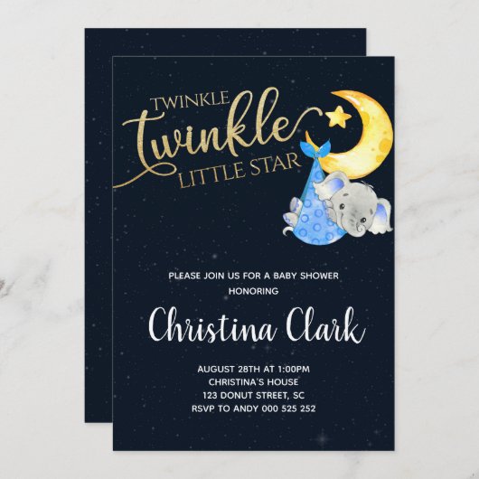 キラキラキラキラキラ星エレファントベビージャーシャワー 招待状 (正面/裏面)