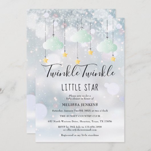 キラキラキラキラ小さな星の冬の赤ちゃんシャワー 招待状 (正面/裏面)