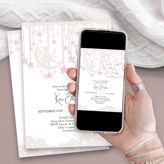 キラキラキラキラ小さな星の妖精ピンクの赤ちゃんシャワー 招待状