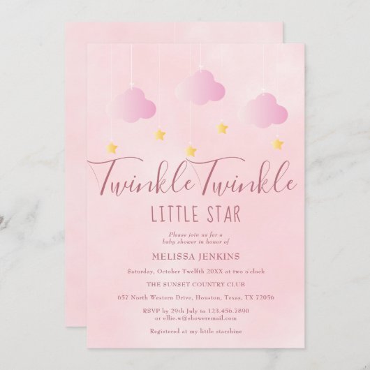 キラキラキラキラ小さな星の赤ちゃんシャワーガールピンク 招待状 (正面/裏面)