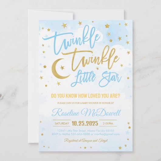 キラキラキラキラ小さな星の赤ちゃんシャワー 招待状 (正面)
