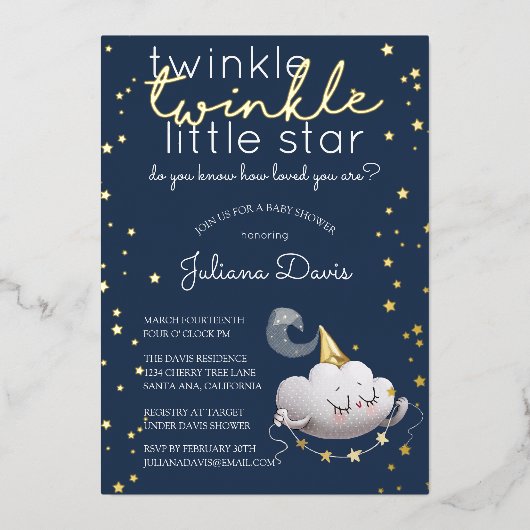 キラキラキラキラ小さな星の赤ちゃんシャワー 箔招待状 (正面)