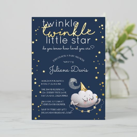キラキラキラキラ小さな星の赤ちゃんシャワー 箔招待状 (立ち正面)