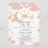 キラキラキラキラ小さな星ピンクの女の子の赤ちゃんシャワー 招待状 (正面/裏面)