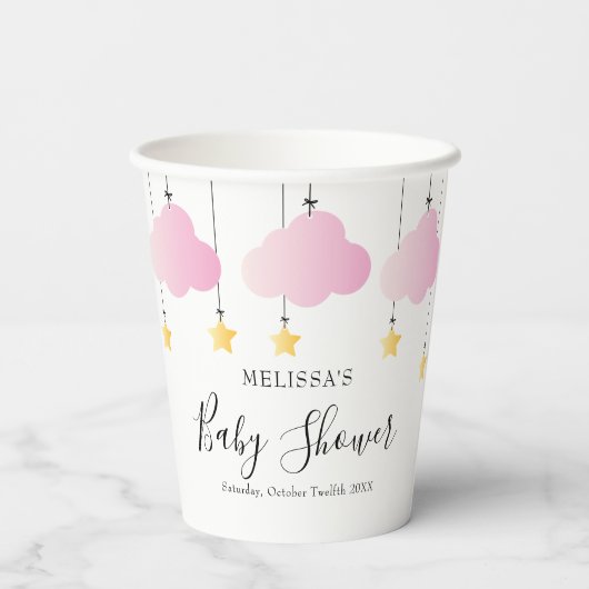 キラキラキラキラ小さな星ピンクの女の子の赤ちゃんシャワー 紙コップ (裏面)