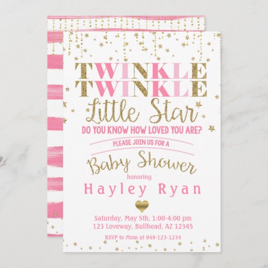 キラキラキラキラ小さな星ピンク金ゴールド赤ちゃんシャワー 招待状 (正面/裏面)