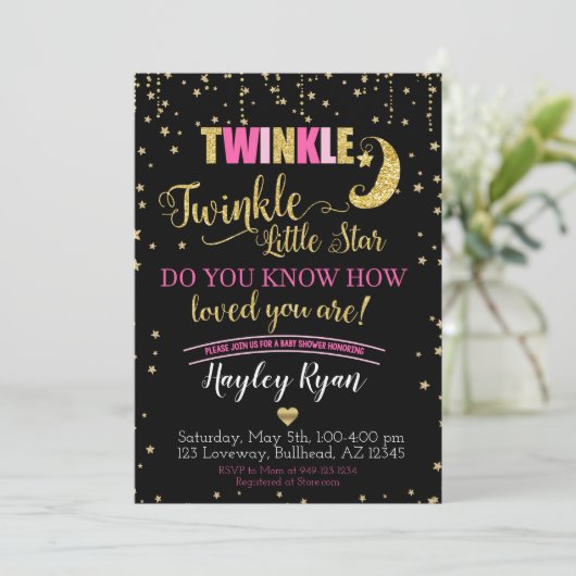 キラキラキラキラ小さな星ピンク黒の赤ちゃんシャワー 招待状 (スタンド正面)