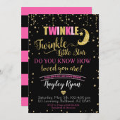 キラキラキラキラ小さな星ピンク黒の赤ちゃんシャワー 招待状 (正面/裏面)
