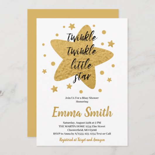 キラキラキラキラ小さな星金ゴールド星ベビーシャワー 招待状 (正面/裏面)
