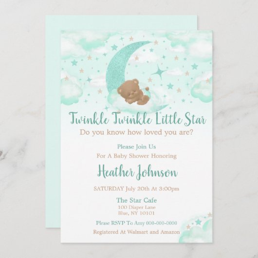 キラキラキラ小さな星クマ赤ちゃんシャワー 招待状 (正面/裏面)