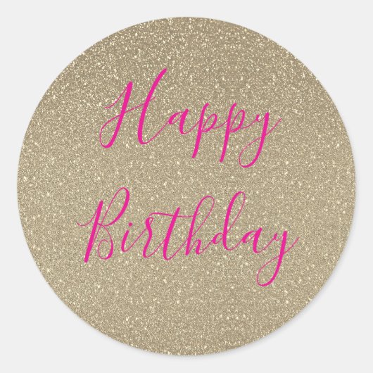 キラキラゴールド ホットピンク ハッピー バースデー クラシック ラウンドシール (正面)