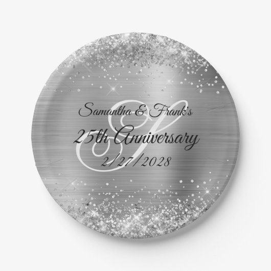 キラキラシルバー箔モノグラム25周年記念 ペーパープレート (正面)