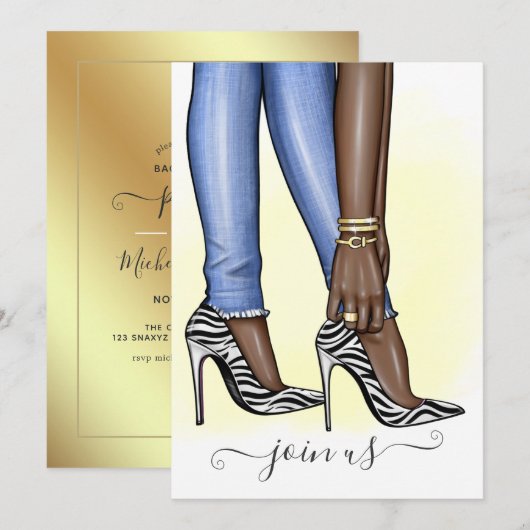 キラキラゼブラ ファッショニスタ ブライズメイド パーティー 招待状 (正面/裏面)