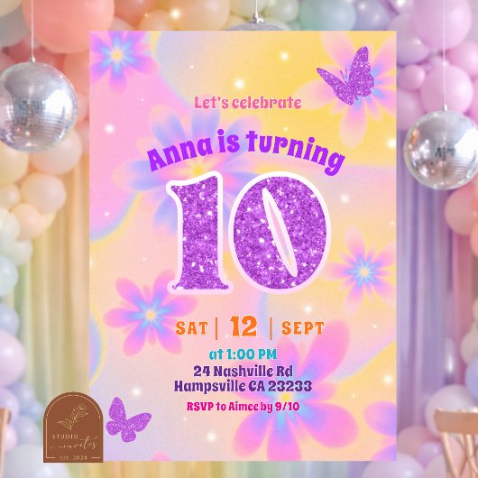 キラキラタイダイ柄の女の子10歳の誕生日 招待状