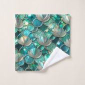 キラキラティール（緑がかった色）マーメイドテールはかりで測プリントとシェル バスタオルセット (ウォッシュタオル)