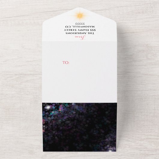 キラキラパーソナライズされた輝く家族の写真クリスマスカード オールインワン招待状 (外側)