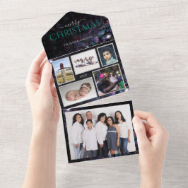 キラキラパーソナライズされた輝く家族の写真クリスマスカード オールインワン招待状