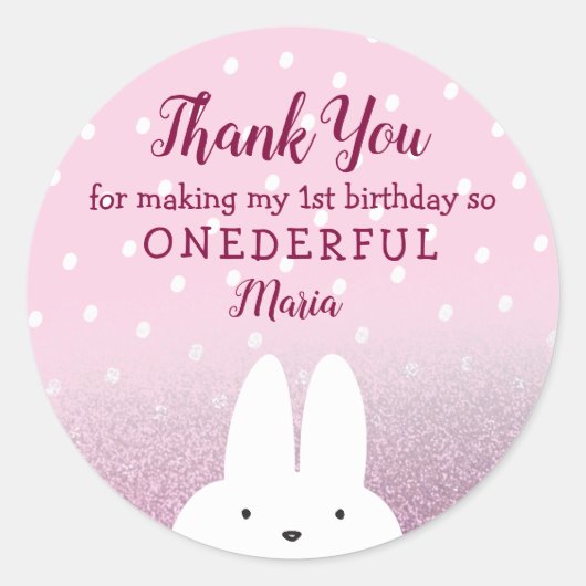 キラキラピンクのウサギのワンダーランド 1歳 ラウンドシール (正面)