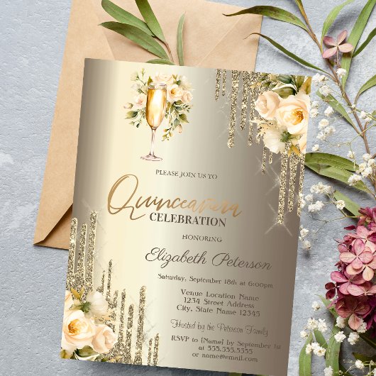 キラキラフラワーチャンピエングラス Quinceañera 招待状