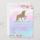 キラキラユニコーンフラワー ホログラフィック ベビーシャワー 招待状 (正面)