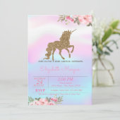 キラキラユニコーンフラワー ホログラフィック ベビーシャワー 招待状 (スタンド正面)