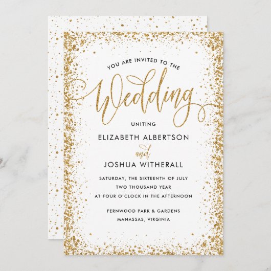 キラキラ光の結婚式招待状フェイク金ゴールドグリッター 招待状 (正面/裏面)