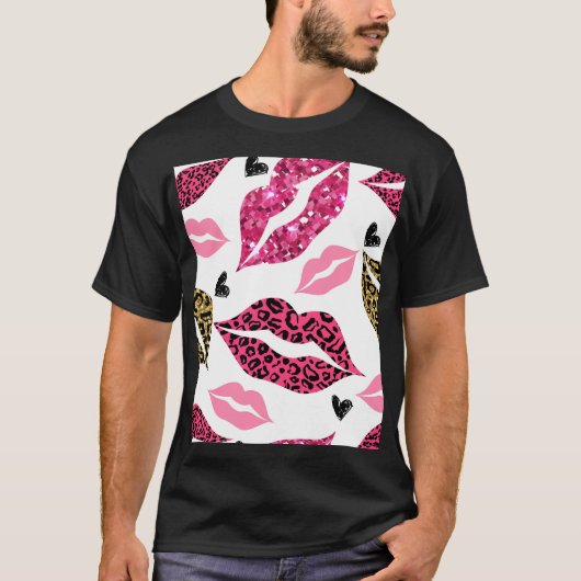 キラキラ光る唇：ヒョウファッションパターン Tシャツ (正面)