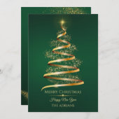 キラキラ光を放つ緑の金色のクリスマスツリー シーズンカード (正面/裏面)