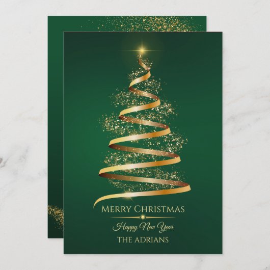 キラキラ光を放つ緑の金色のクリスマスツリー シーズンカード (正面/裏面)
