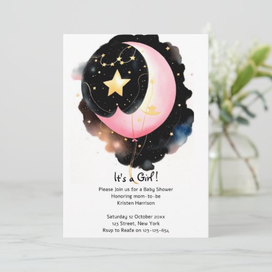 キラキラ天:月と星の女の子ベビーシャワー 招待状 (スタンド正面)