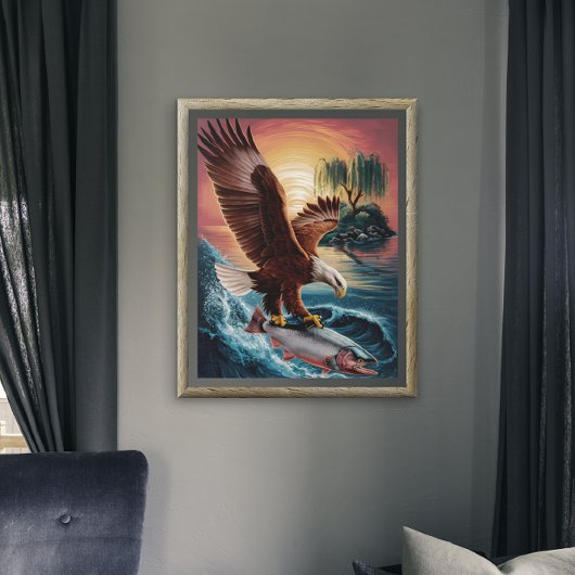 キラキラ威厳のある輝く魚の上にワシが舞い上がる ポスター