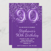 キラキラ王室の輝く紫90誕生日 招待状 (正面/裏面)