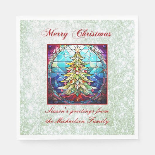 キラキラ色のステンドグラスのクリスマスツリーグリーングリッター スタンダードランチョンナプキン (正面)