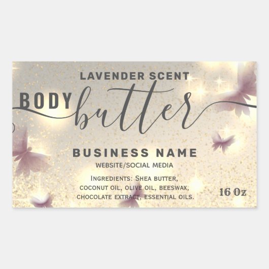 キラキラ蝶スクリプト体バターラベル 長方形シール (正面)