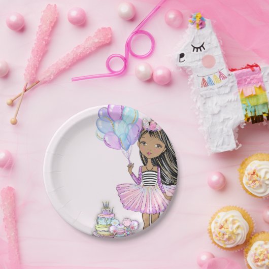 キラキラ誕生日アフリカンアメリカン・ガール・ユニコーン ペーパープレート (パーティー)