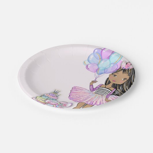 キラキラ誕生日アフリカンアメリカン・ガール・ユニコーン ペーパープレート (アングル)