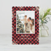 キラキラ赤いバッファローのプレイド写真メリークリスマス シーズンカード (スタンド正面)