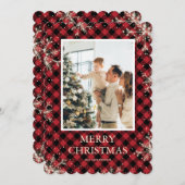 キラキラ赤いバッファローのプレイド写真メリークリスマス シーズンカード (正面/裏面)
