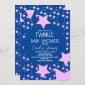 キラキラ赤ちゃんシャワーピンク星ブルー背景 招待状 (正面/裏面)