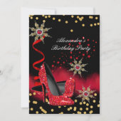 キラキラ赤ハイヒール ブラック バースデーパーティー 招待状 (正面)