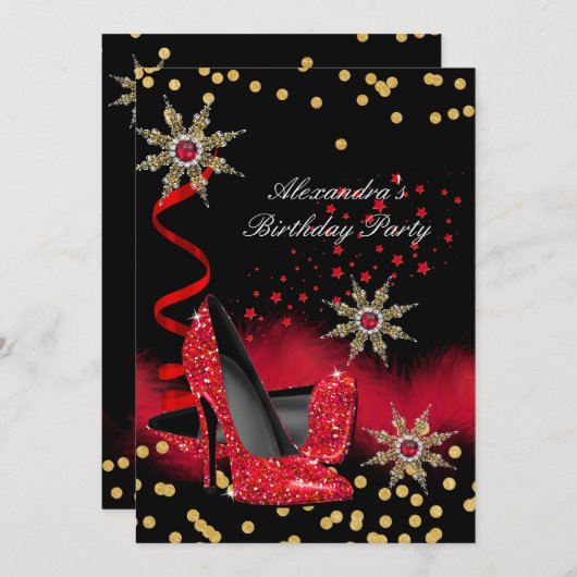 キラキラ赤ハイヒール ブラック バースデーパーティー 招待状 (正面/裏面)