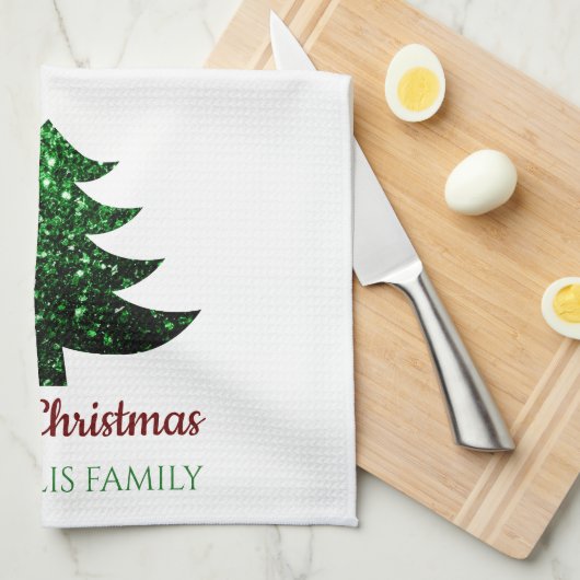 キラキラ輝くクリスマスの木の緑の家族の名前 キッチンタオル (四つ折り)